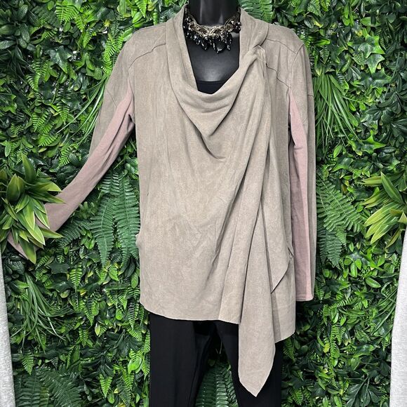 BLANCNYC Jacket Women Small Tan Brown Duster Drape Cardigan Faux Suede 2215 - Picture 7 of 10